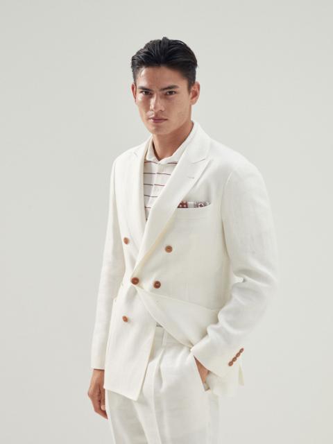 Linen, wool and silk chevron one-and-a-half breasted deconstructed blazer with patch pockets