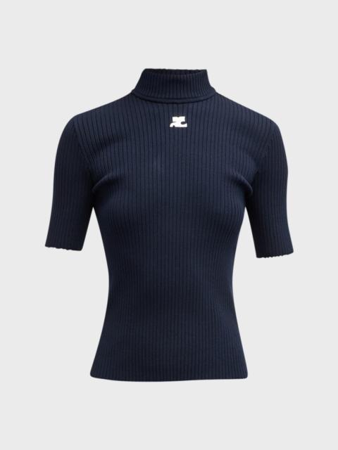 courrèges Mock-Neck Short-Sleeve Rib Pullover