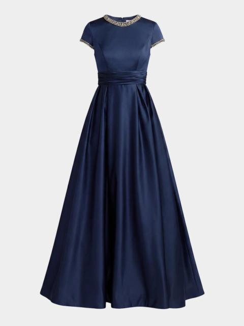 MAC DUGGAL Embellished Satin Cap-Sleeve Gown