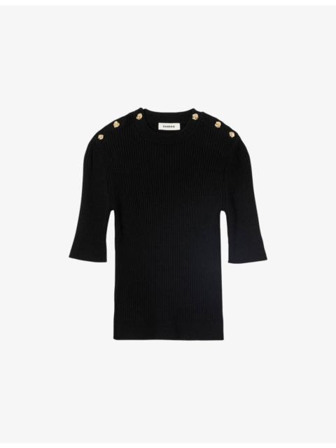 Sandro Button-Embellished Short-Sleeved Stretch-Knit Jumper