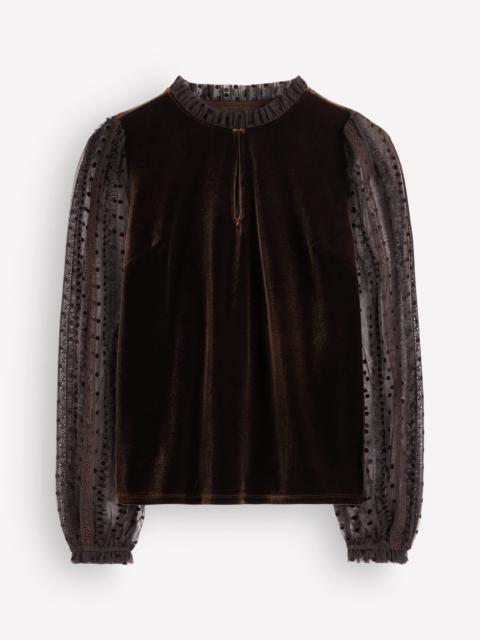 BODEN Tulle Mix Velvet Top-Dark Chocolate