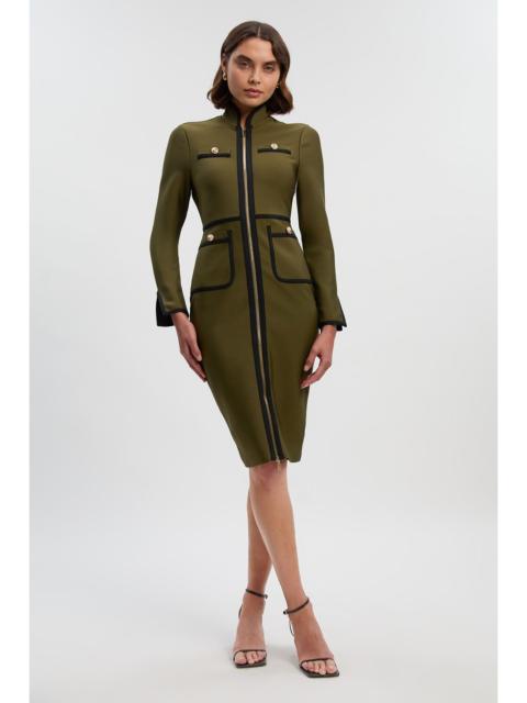 KAREN MILLEN Figure Form Bandage Knit Piping Detail Military Midi Dress