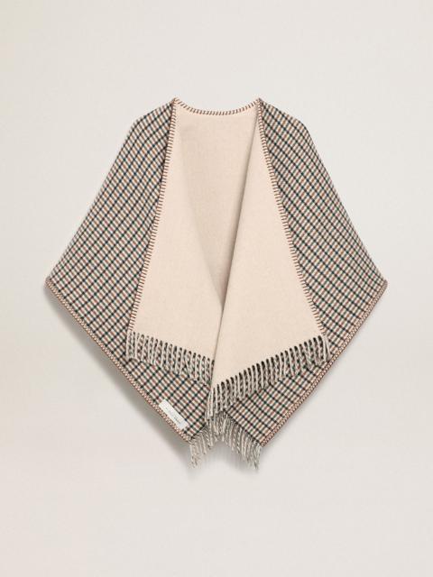 Golden Goose Poncho in double face cream-colored wool with check pattern and lettering