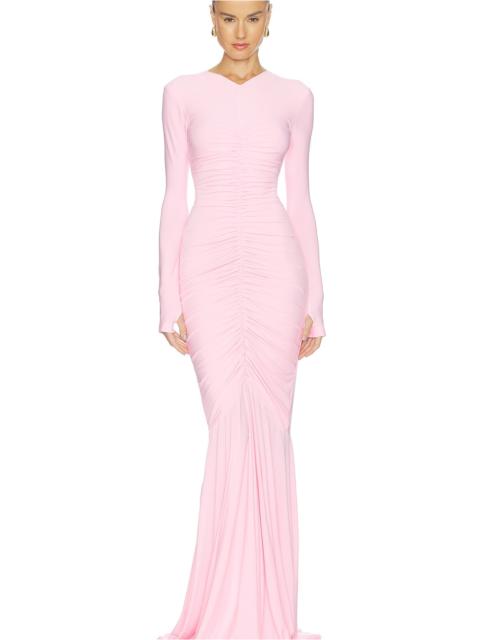NORMA KAMALI Long Sleeve V Neck Shirred Front Fishtail Gown