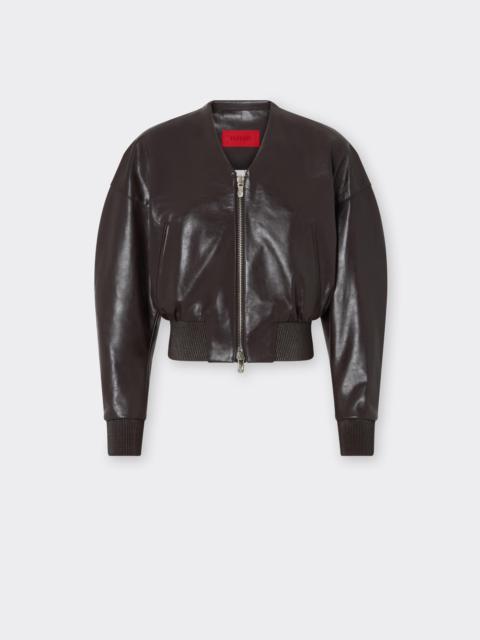 Ferrari Glossy Leather Bomber Jacket with V-neck