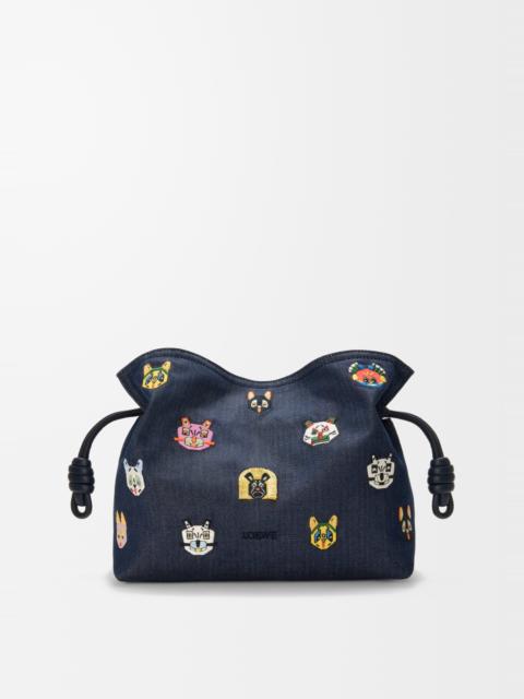 Cats medium Flamenco clutch in embroidered denim