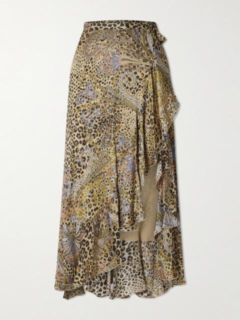 Etro Ruffled Leopard And Paisley-print Silk-satin Midi Wrap Skirt