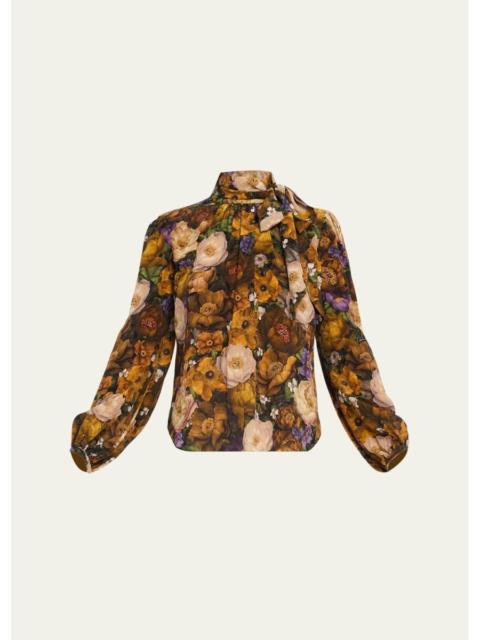 ADAM LIPPES Joan Floral Silk Neck Scarf Long-Sleeve Top