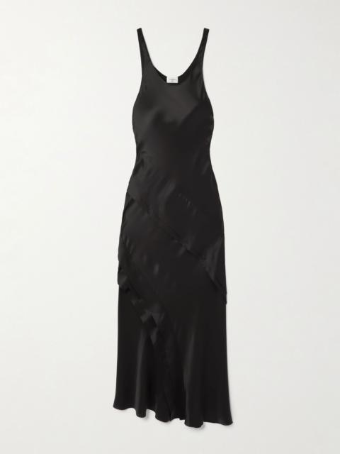 SAINT LAURENT Asymmetric tiered silk-satin maxi dress Black