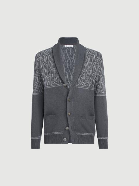 Brunello Cucinelli Cotton shawl collar cardigan with jacquard cable shoulder