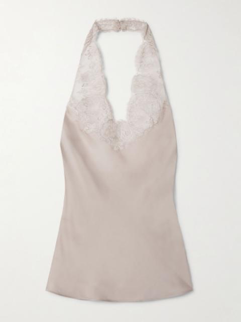 SAINT LAURENT Lace-trimmed silk halterneck tank top Pastel pink