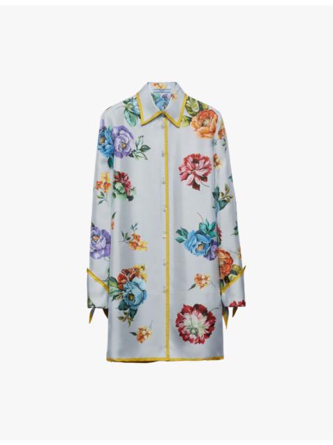 Prada Floral-print long-sleeve silk-twill mini dress