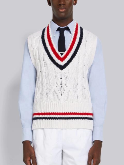 Thom Browne White Cashmere Stripe Trim Cable Knit V-Neck Vest