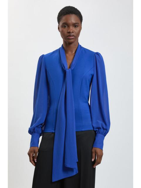 KAREN MILLEN Ponte And Georgette Mix Balloon Sleeve Tie Neck Top