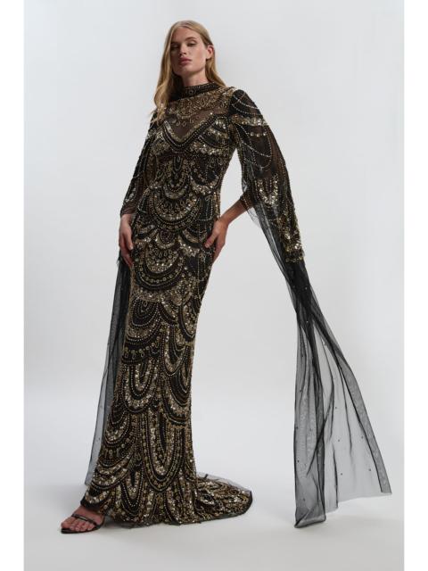 KAREN MILLEN Premium Beaded Embellished Woven Midaxi Cape Dress