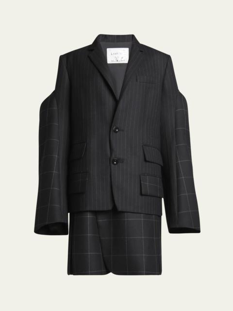 Pinstripe Windowpane Wool Blazer with Oversized Sleeves