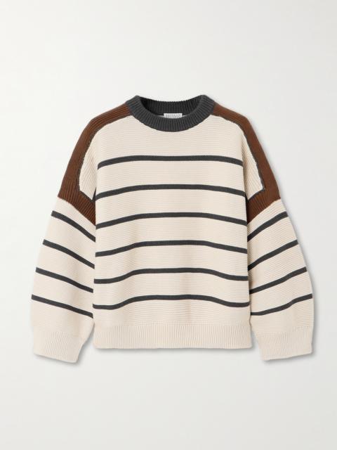 Bead-embellished Striped Cotton Sweater