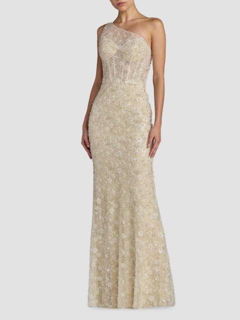 MAC DUGGAL Women's Sequined Floral Mesh One-Shoulder Trumpet Gown - Oyster Beige