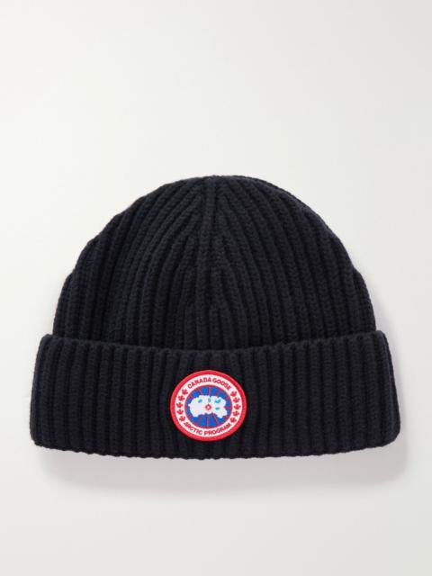 Canada Goose Logo-Appliquéd Ribbed Wool and Cashmere-Blend Beanie Black