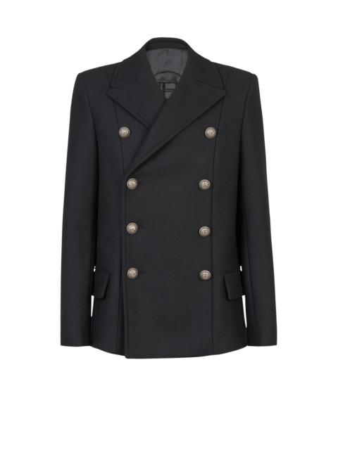 Wool pea coat with double-breasted silver-tone buttoned fastening