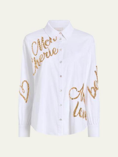 Cinq à Sept Crushed Sequin Loveletter Blanche Button-Front Shirt
