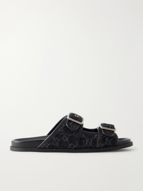 GUCCI Logo-Jacquard Leather-Trimmed Canvas Sandals Black