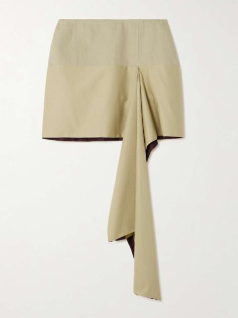 Asymmetric draped twill and satin-twill mini skirt
