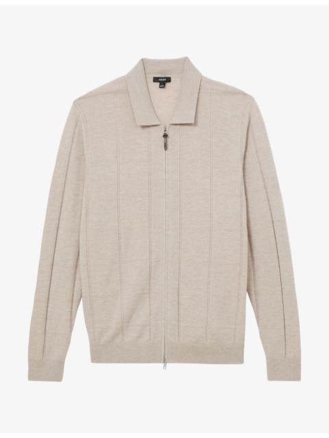 REISS Martindale Check-Textured Zip-Through Wool Cardigan