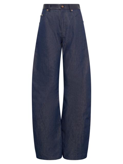 GABRIELA HEARST Lucian Barrel-leg Jean in Indigo Blue Recycled Cotton Linen Denim & Textured Leather