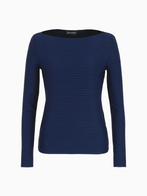 EMPORIO ARMANI Boat-neck jumper in a jacquard fabric with embossed stripe motif