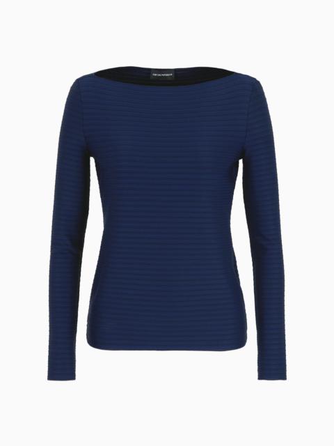 Boat-neck jumper in a jacquard fabric with embossed stripe motif