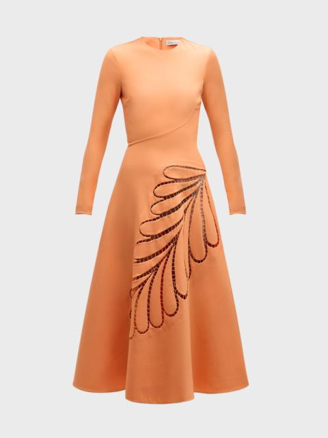 Fern-Inset Long-Sleeve Crepe Midi Dress