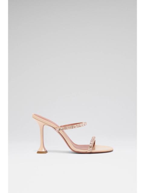 Amina Muaddi GIGI SLIPPER 95 PEARLY CHAMPAGNE PATENT AND GOLD QUARTZ CRYSTALS