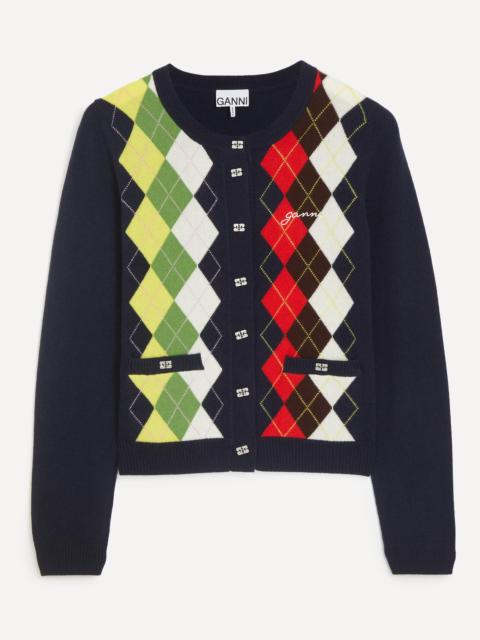GANNI Navy Wool-Cashmere Argyle Cardigan