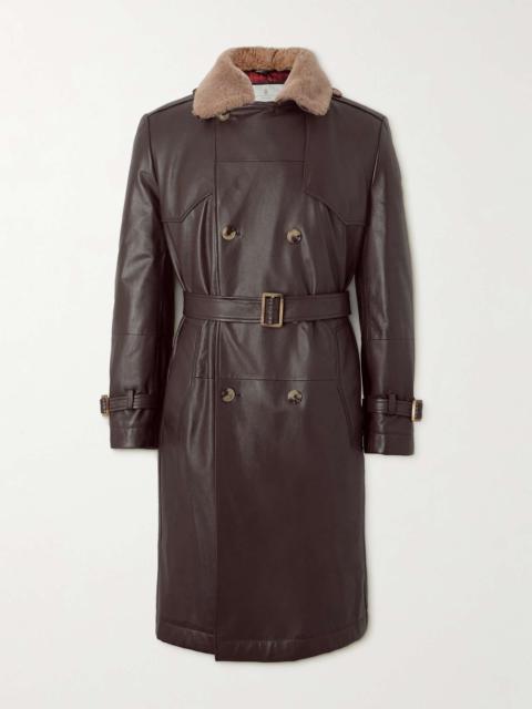 Brunello Cucinelli Double-Breasted Shearling-Trimmed Leather Trench Coat