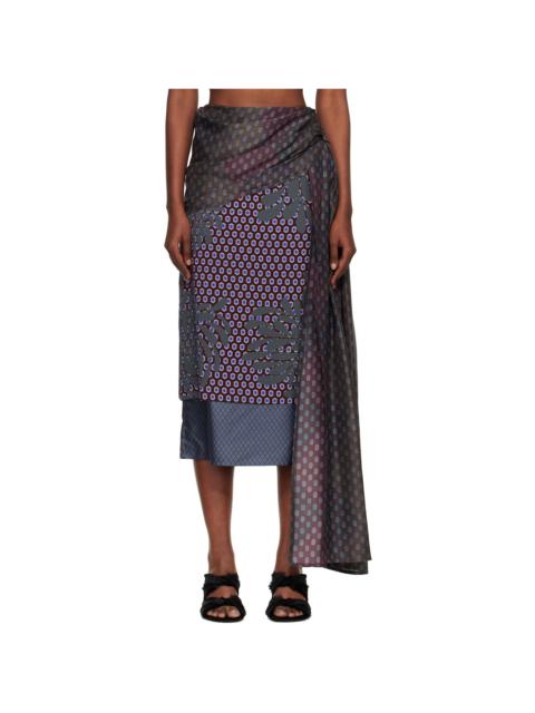 Dries Van Noten Burgundy & Green Layered Tie Motif Midi Skirt