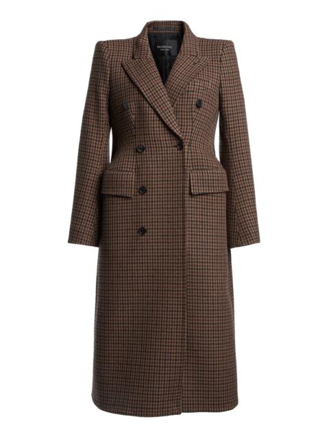 BALENCIAGA Houndstooth Wool Double-Breasted Hourglass Coat brown