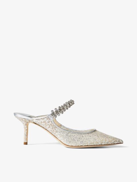 JIMMY CHOO Bing 65
Silver Glitter Tulle Mules with Crystal Strap