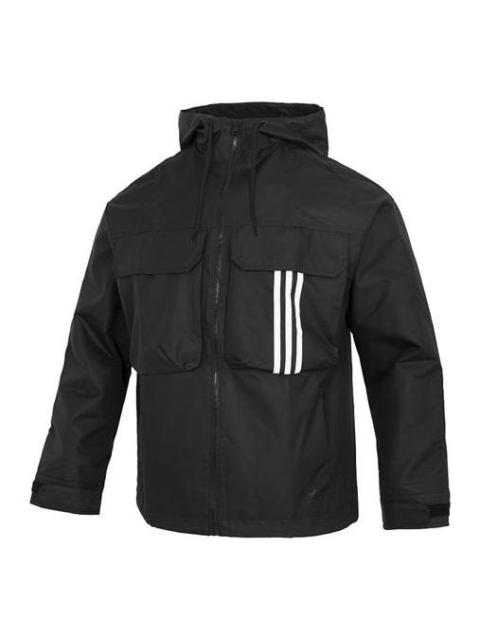 Men's adidas U Util Wb3 Athleisure Casual Sports Stripe Hooded Jacket Black HM3819