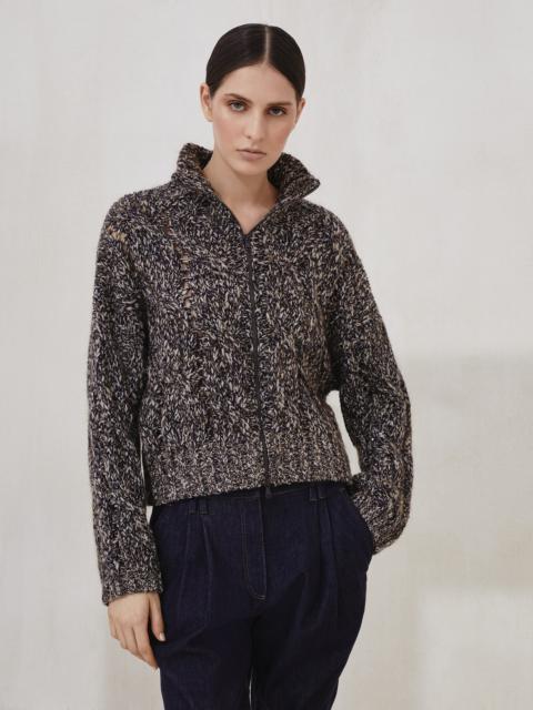 Brunello Cucinelli Dazzling chiné cable knit cardigan in soft wool, cashmere and mohair with zipper