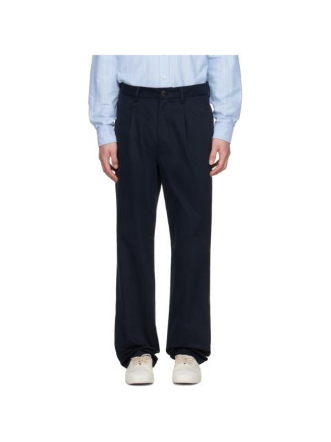 Noah Navy Sanded Twill Pleated Trousers