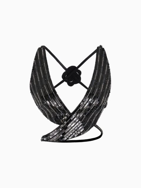 GIORGIO ARMANI SILK CROSS-OVER BANDEAU TOP WITH ALL-OVER EMBROIDERY