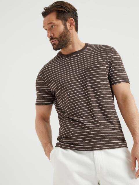 Brunello Cucinelli Striped linen stretch jersey crew neck T-shirt with chest pocket