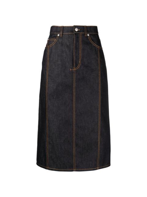 contrast-stitch denim midi skirt