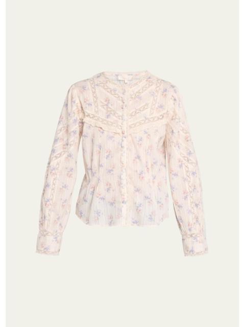 LoveShackFancy Miah Floral Lace-Trim Dobby Cotton Blouse