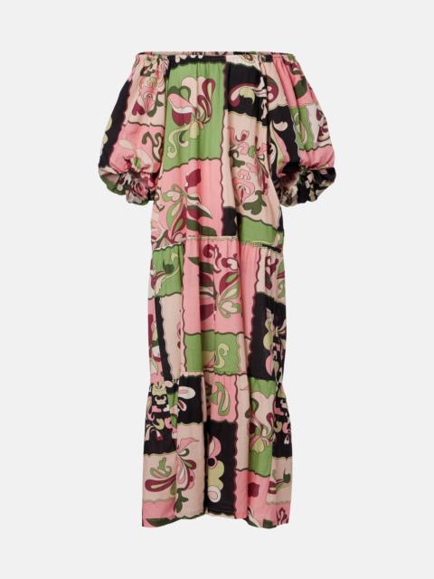 ADRIANA DEGREAS Printed off-shoulder cotton maxi dress