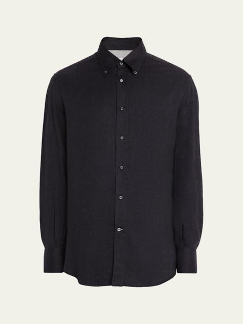 Brunello Cucinelli Men's Micro-Chevron Button-Collar Sport Shirt