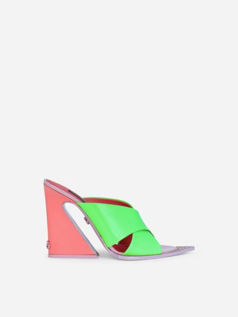 Neon patent leather mules with geometric heel