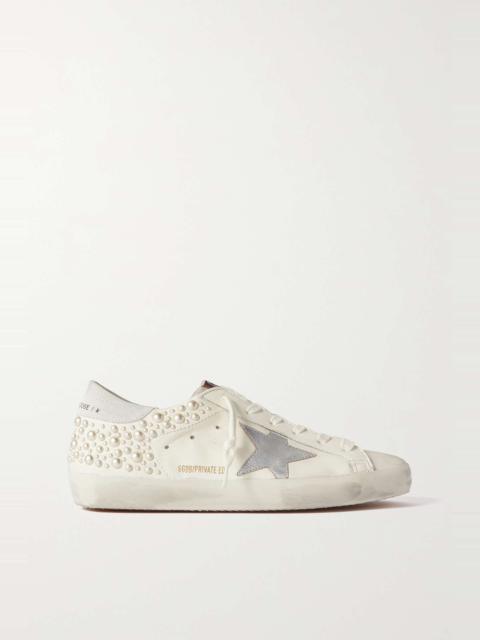 Superstar pearl-embellished distressed leather sneakers