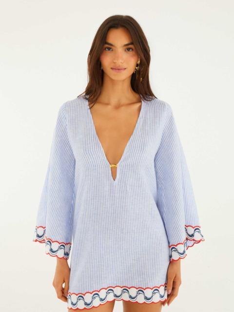 FARM RIO Blue Stripes Embroidered Open Back Mini Dress